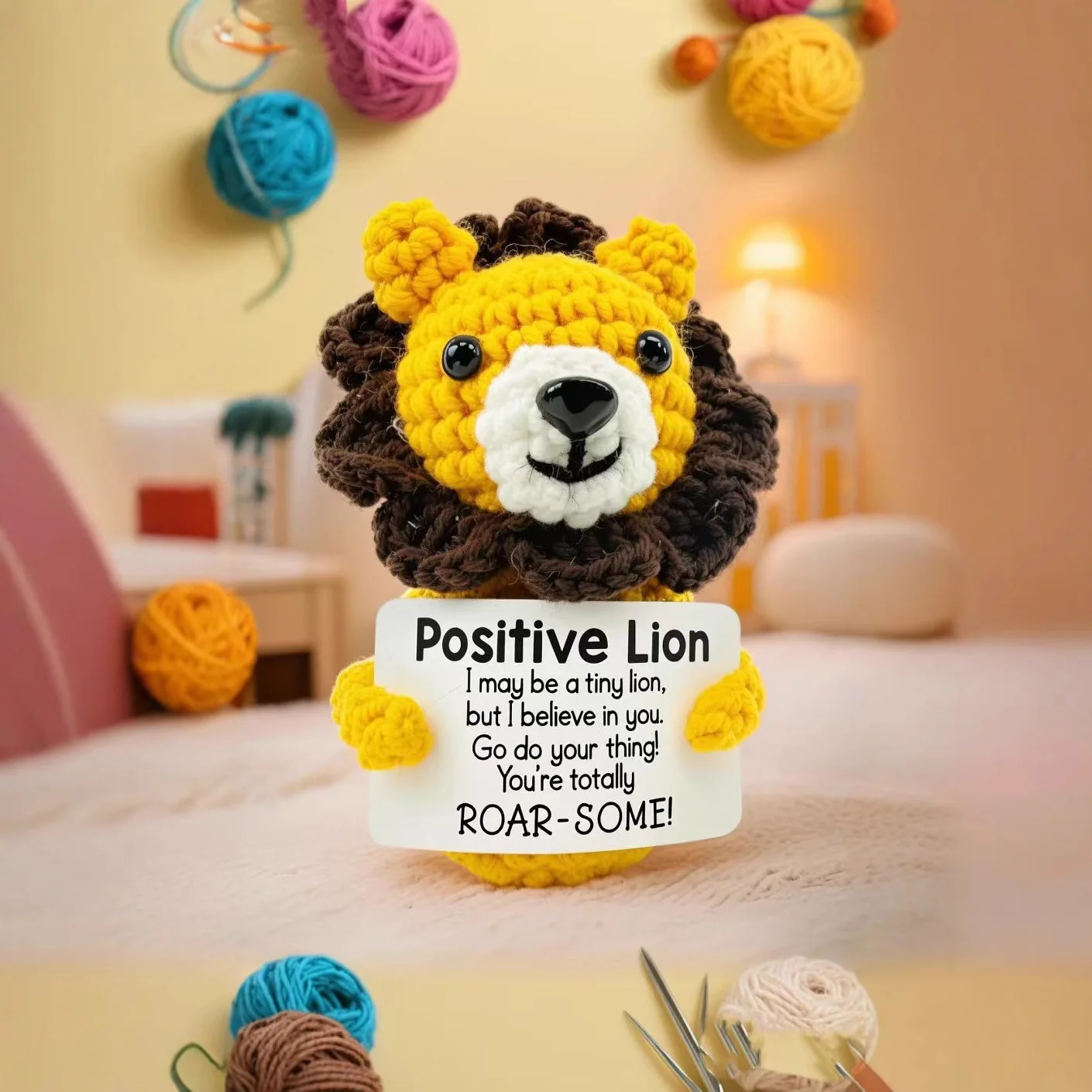 Funny Positive Energy Inspirational Lion Doll With Card Home Room Decor Handmade Knitted Lion Desktop Ornament Christmas Gifts