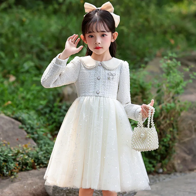 Girls Spring Autumn Winter New Style Pearl High Quality Linen Princess Dress
