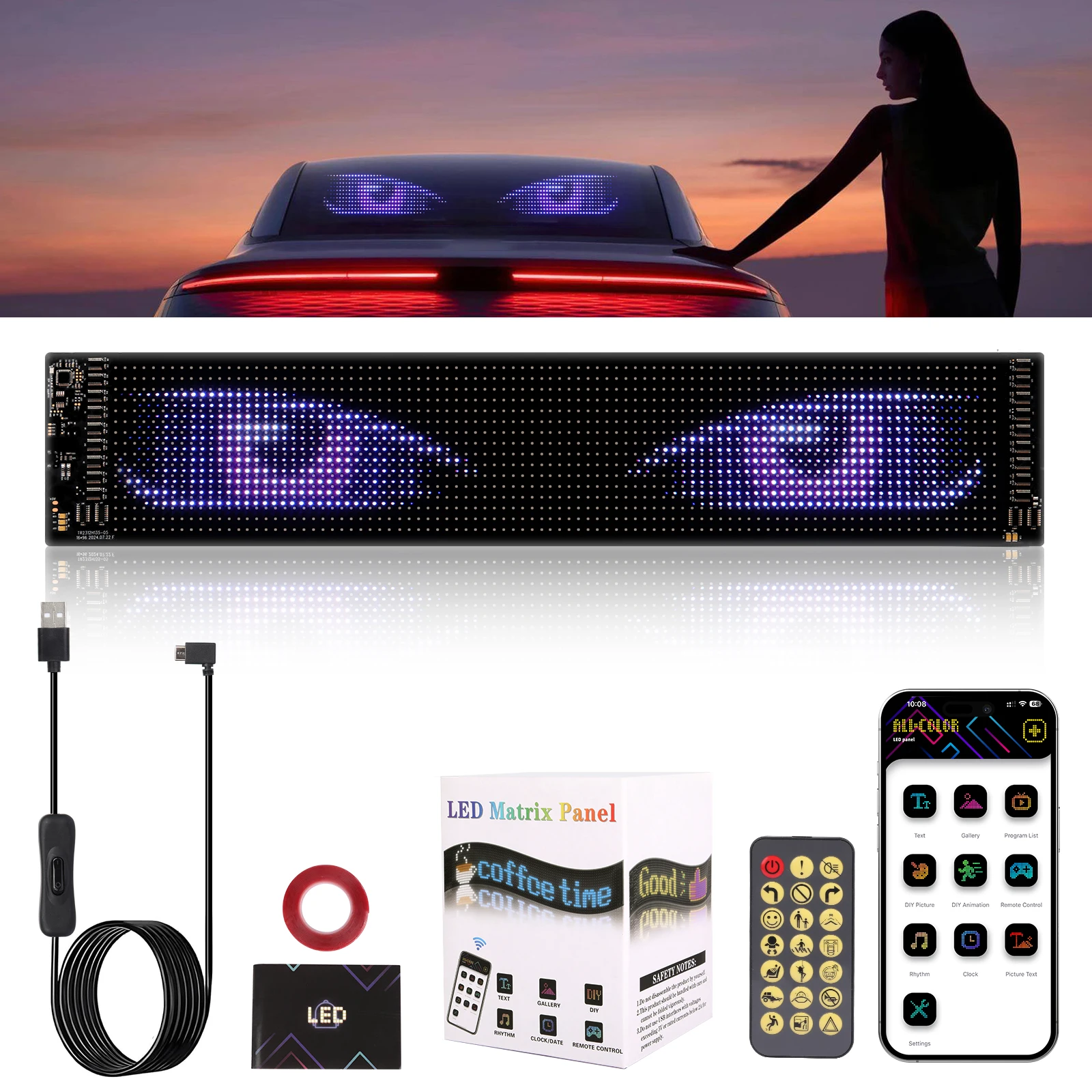 Flexibles LED-Display 34,8x10,2cm RGB Programmierbares Bluetooth-App Steuerbares Lauftext-Animationsboard für Party, Zuhause und Bar