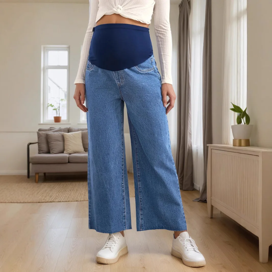 

Pregnant Women Casual Loose Denim Pants Maternity Adjustable Waist Belly Support Wide-leg Jeans 2026 Spring Pregnancy Clothing