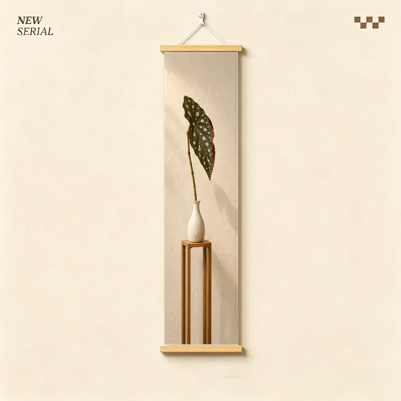 Spotted Leaf Wall Art 4-Panel Olive Burgundy Plant Vase Scroll Set on Cream Silver Shimmer Canvas for Artistic Bedroom Decor