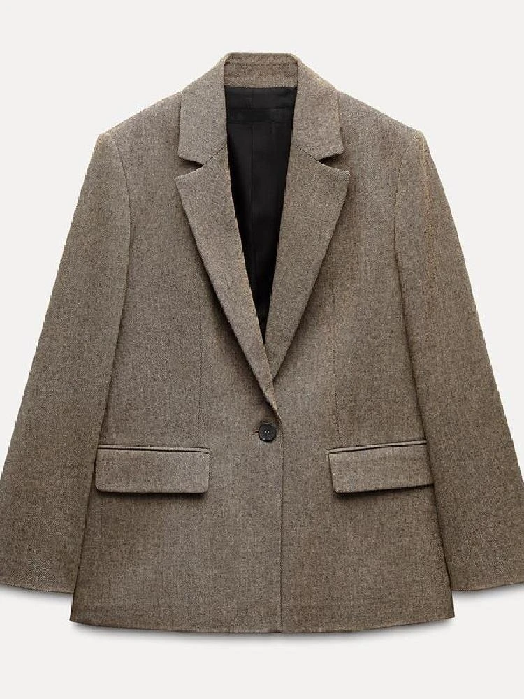 Nowa Kolekcja Jesień Zima Damska Elegancka Marynarka Jednorzędowa Długa Casualowa z Klasycznym Kołnierzem, Zapinana na Jeden Guzik, Kolor Niebieski