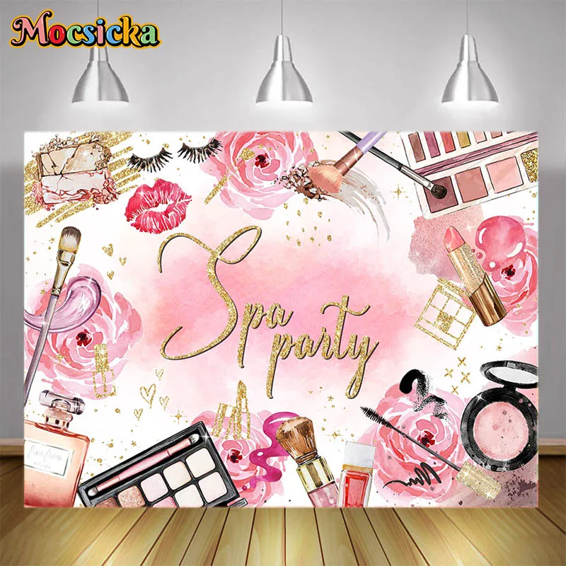 

Pink Spa Party Photography Background Various Styles of Cosmetics Eyebrow Pencil Lipstick Decoration Girls Party Photo Backdrop