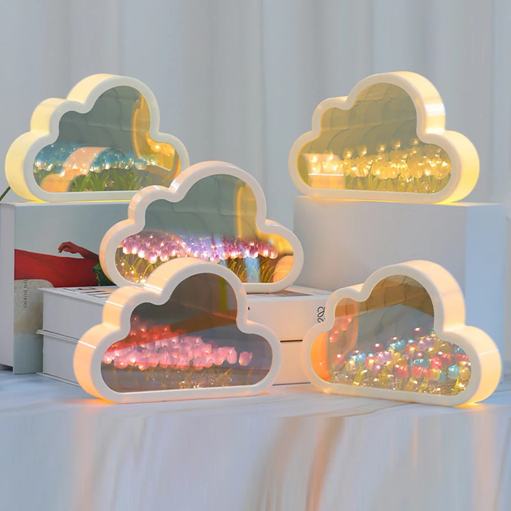 Veilleuse LED nuage tulipe bricolage, lampes de table miroir, décor d'ornements de chambre à coucher, cadre photo de chevet, cadeaux faits à la main