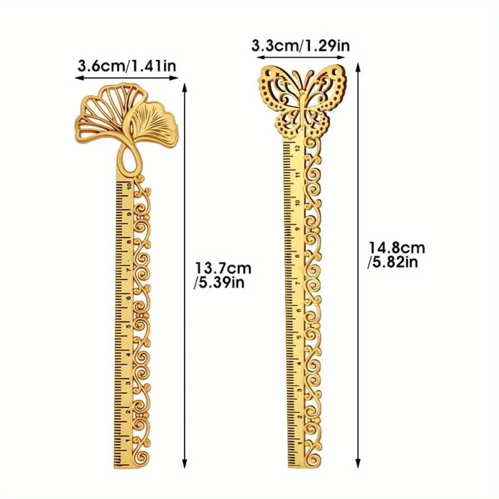 1Pc Vintage Metal Hollowed Butterfly Ginkgo Fine Carving Ruler Measuring Tool Multi-functional Straight Ruler Bookmark