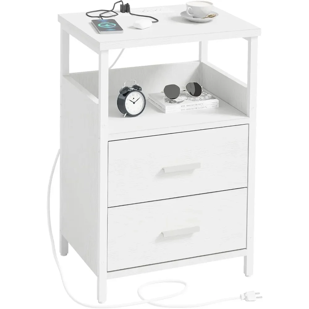 

Nightstand with Charging Station, End Table with Fabric Wood Drawer, White Side Table Bedside Tables with USB Ports for Bedroom