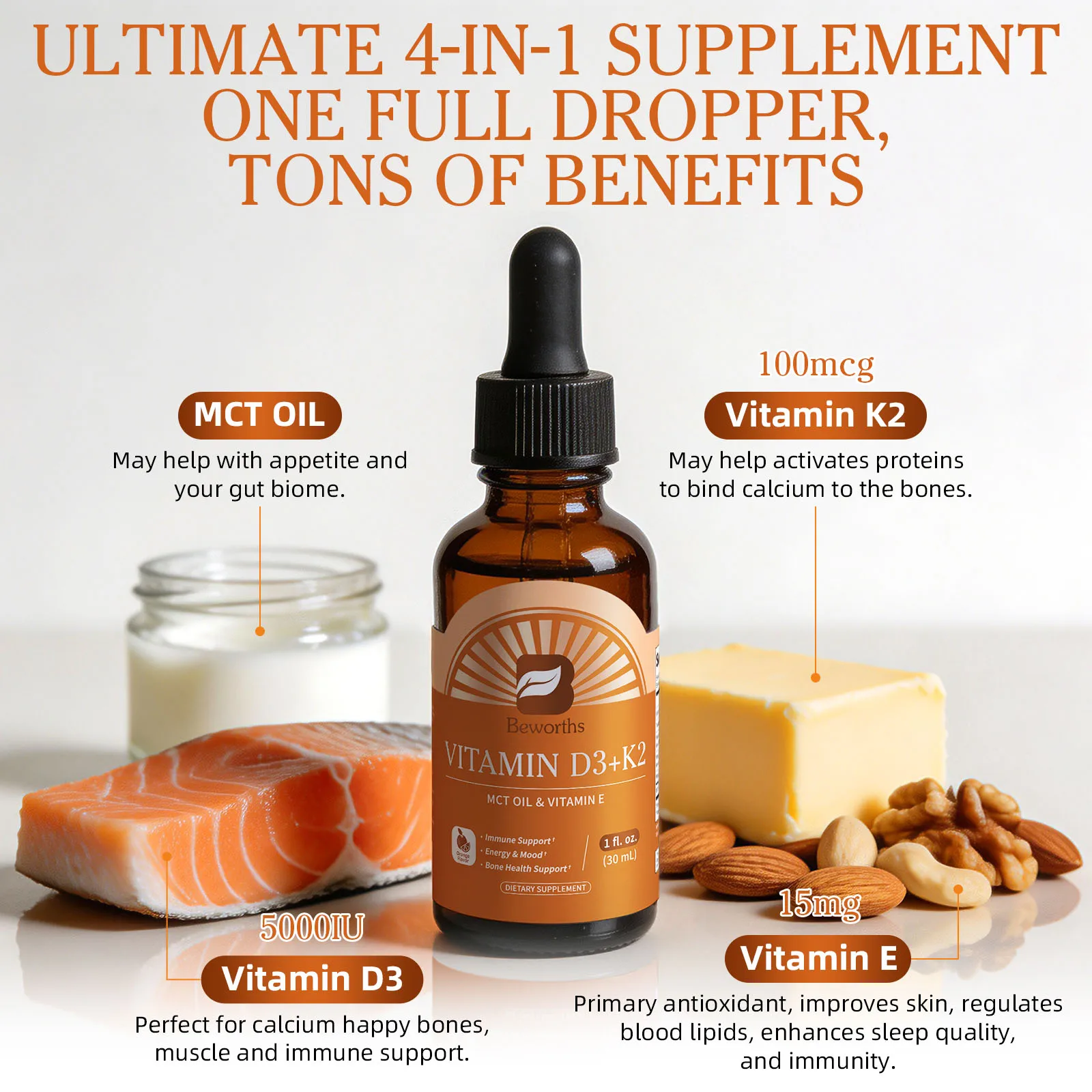 BEWORTHS 30ML Vitamin D3 & K2 Drops Bone & Muscle Health Support Strength Immune Antioxidant Protection Energy & Mood Support