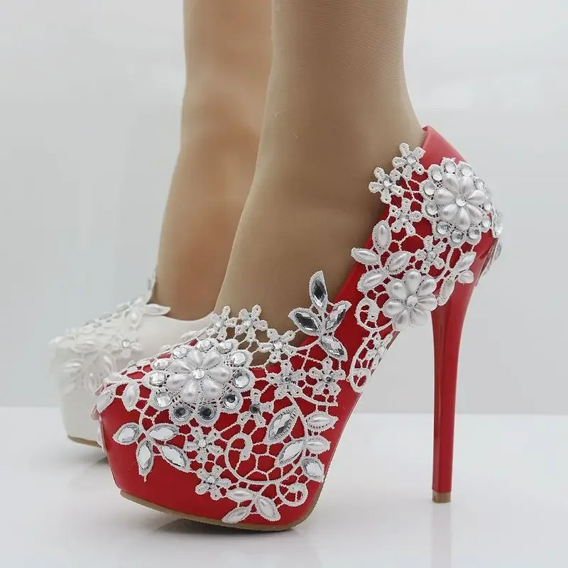 Wonen Pumps Platform Rhinestone Flower Fashion Office Shoes Round Toe Thin Heels 14CM High Heels Platform Women's Wedding Shoes