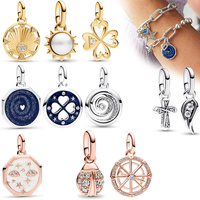 New 925 Sterling Silver ME Series Chained Four-Leaf Clover Compass Blue Heart Vortex Charm Fit Original Bracelet Trinket