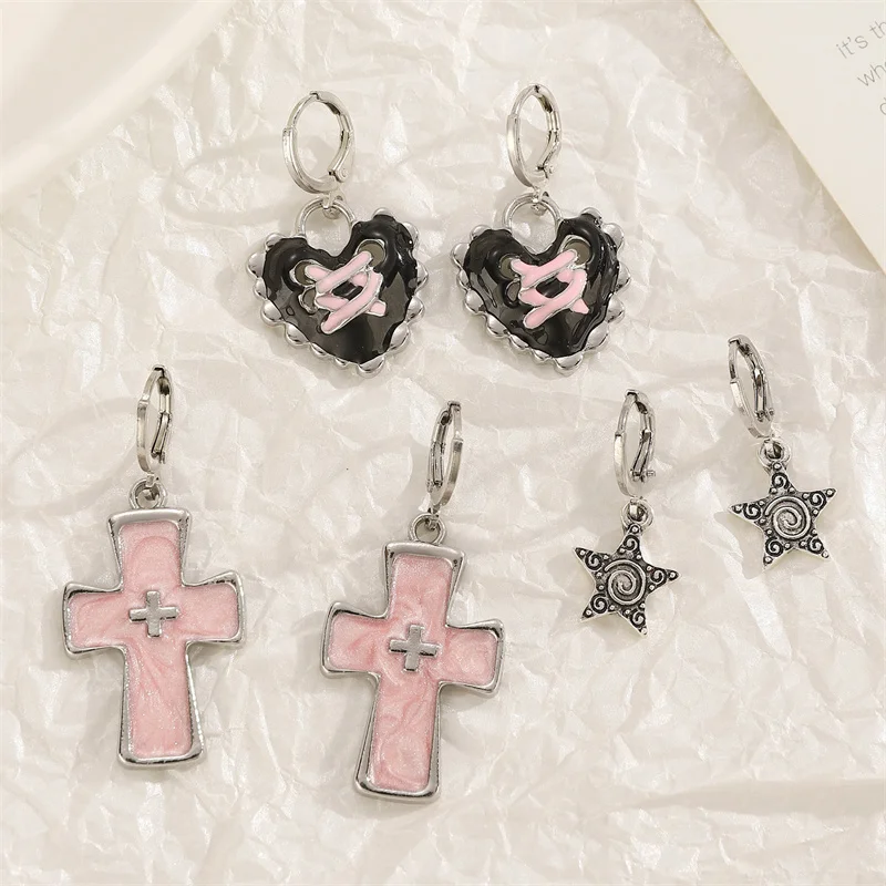 Y2K Star Heart Pink Crystal Bowknot Cross Pendant Earrings For Women Piercing Earrings Party Aesthetic Jewelry