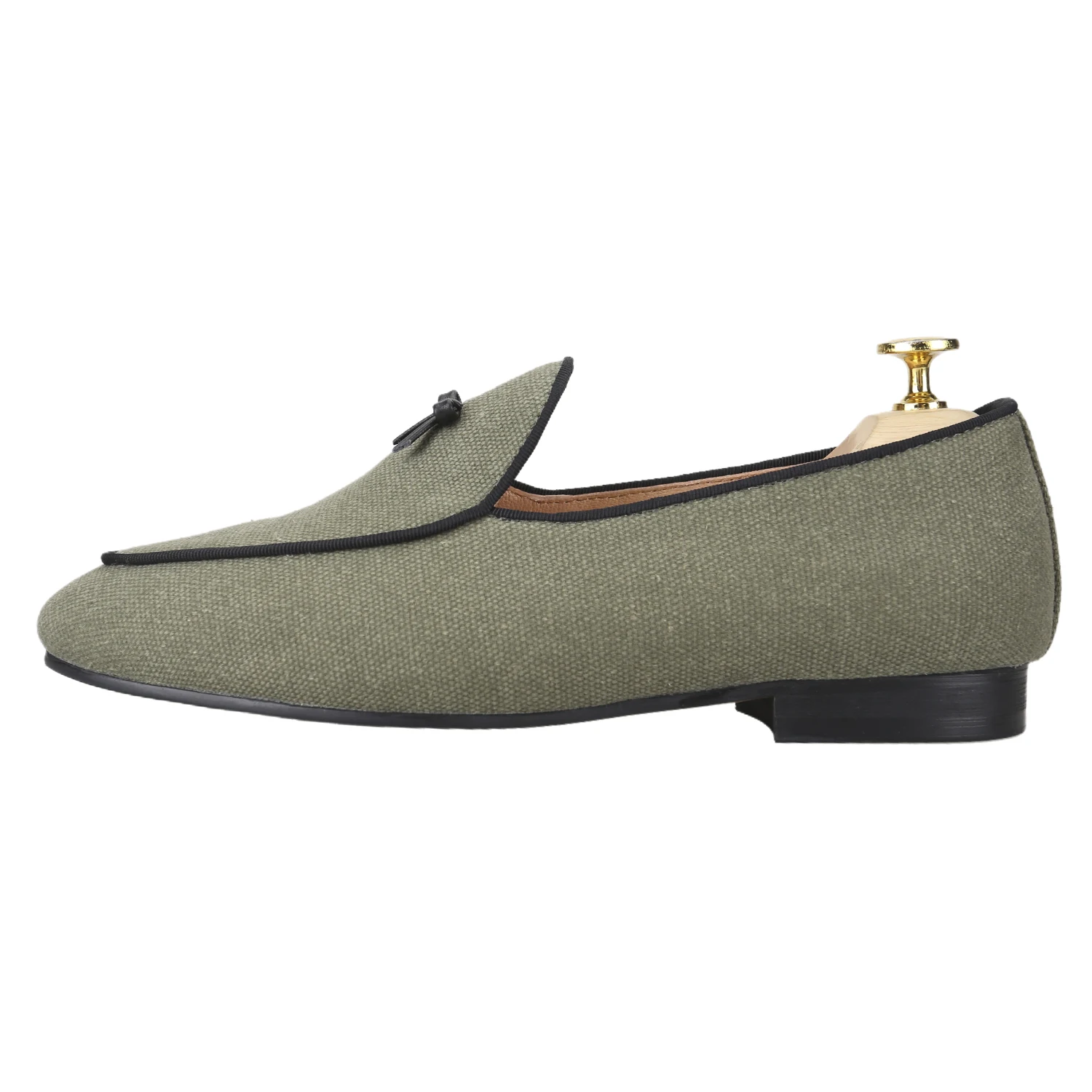 Piergitar Three Colors Raw Cotton Canvas Belgian Loafers With Calfskin Flat Bows Handmade Slip-On Classic Men's Smoking Slippers