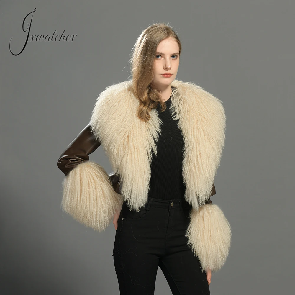 Jxwatcher Women's Real Leather Jacket Spring Short Style Sheepskin Jackets with Real Mongolian Sheep Fur Ladies Cropped Coat New