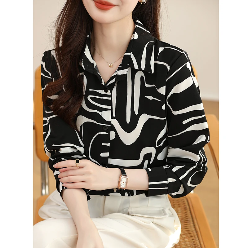 Women Spring Korean Loose Office Lady Printing All-match Polo-Neck Long Sleeve Shirts Women Clothes Casual Simplicity Trend Tops