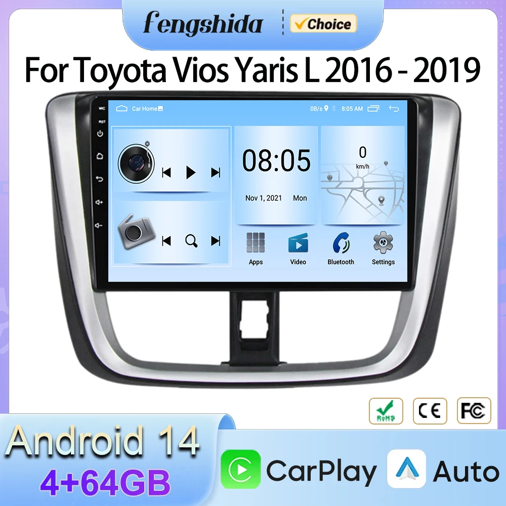 

Автомобильное радио Android 13 для Toyota Vios Yaris L 2016-2019 GPS-навигация RDS Мультимедийный видеоплеер без 2Din bt DVD WIFI