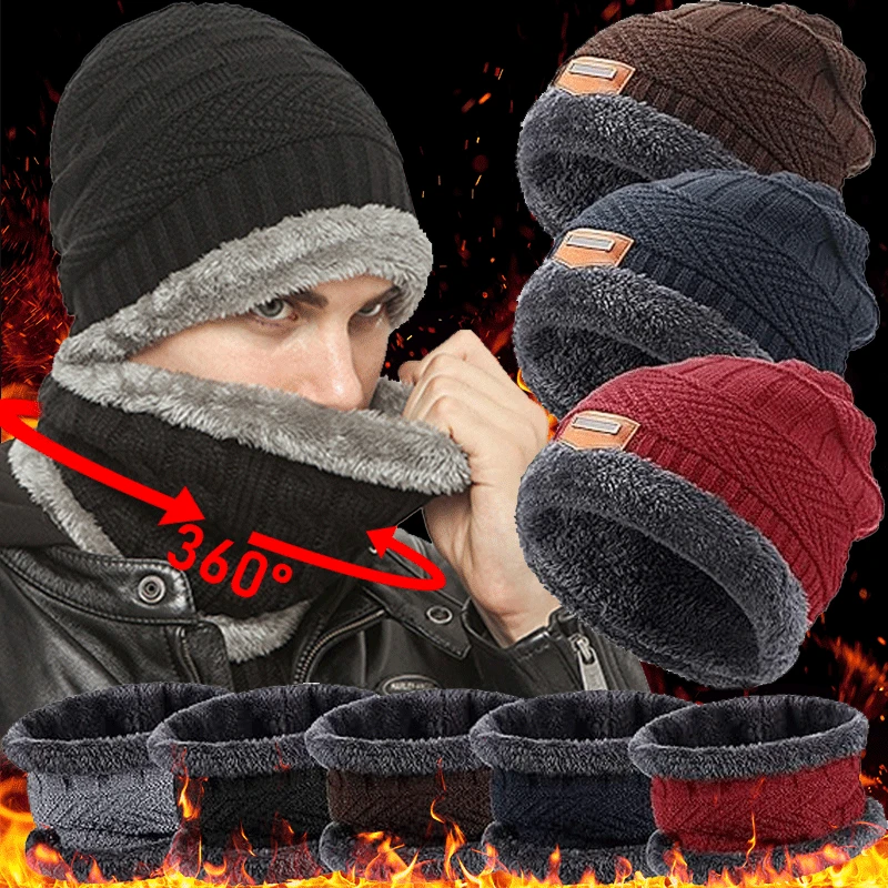 

Unisex Winter Outdoors Thick Beanie Hat Knitted Hat Winter Cap Beanie Female Wool Neck Scarf Cap Balaclava Mask Bonnet Hats Set