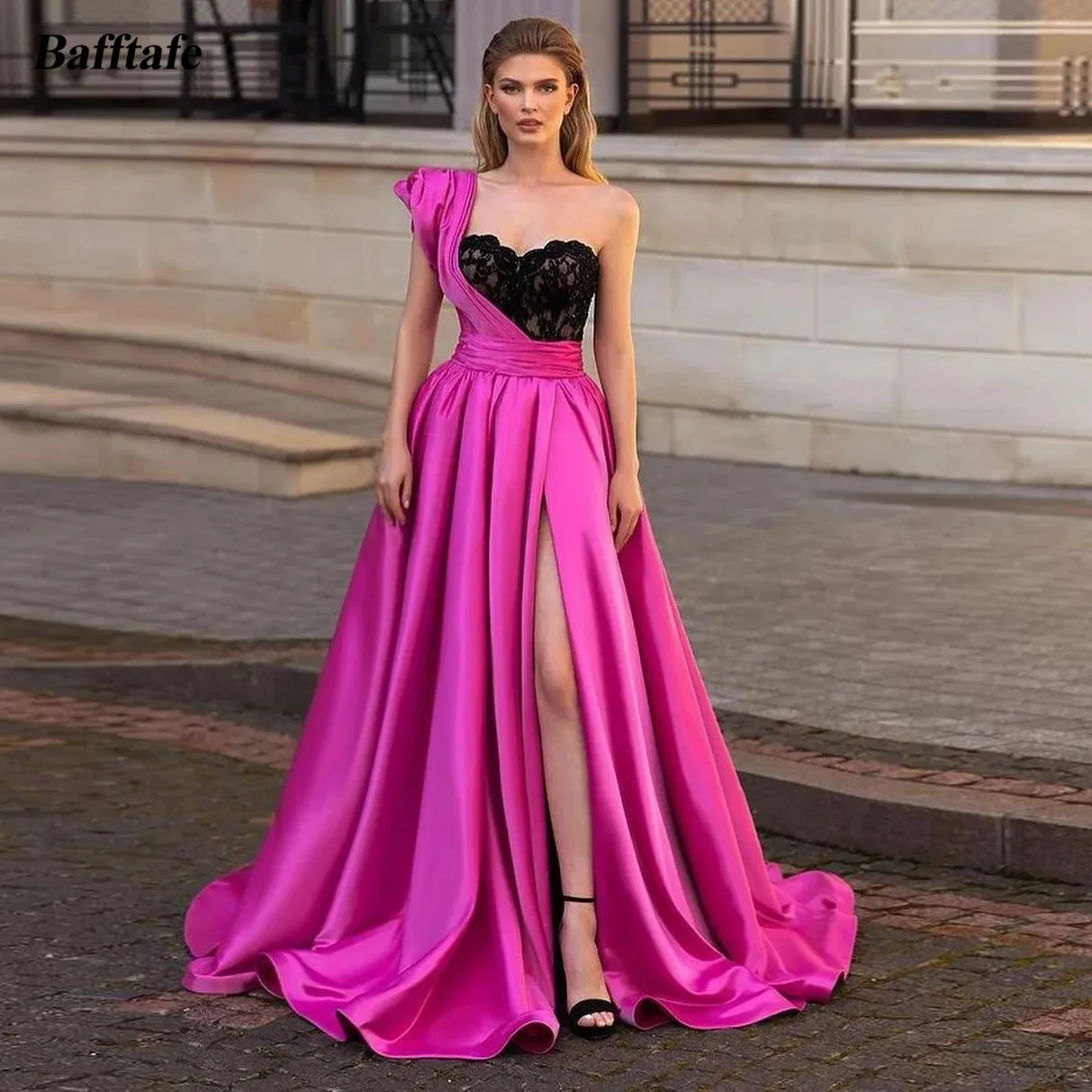 

Bafftafe Simpl A Line Fuchsia Satin Formal Evening Dresses Black Lace One Shoulder Leg Slit Special Occasion Prom Party Dress