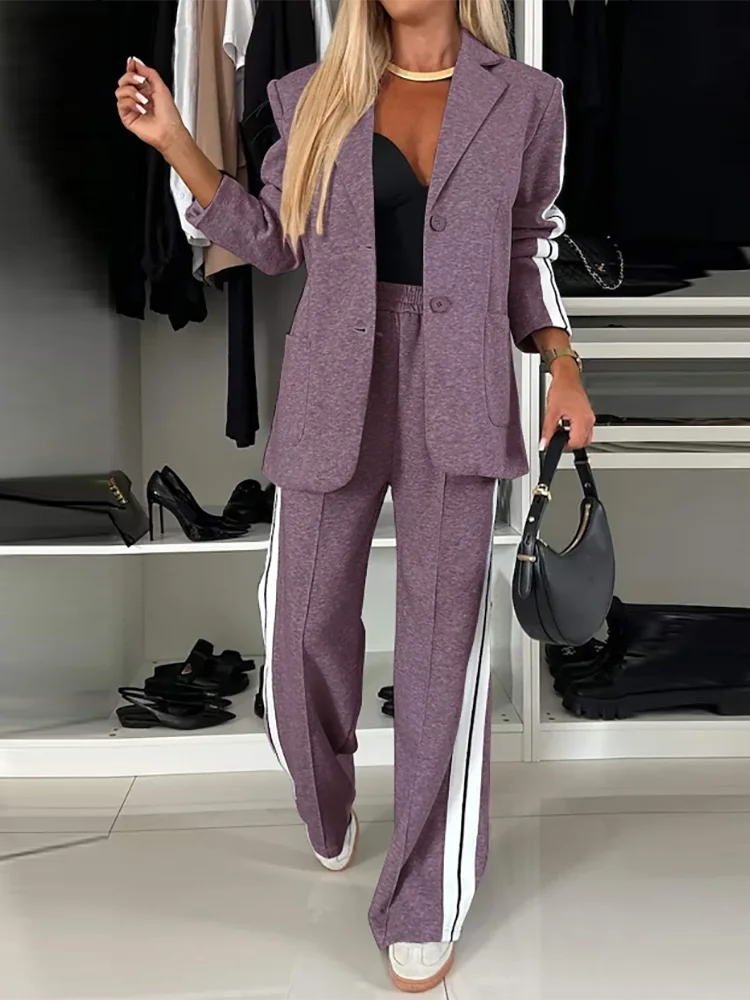 Autumn Winter Pocket Patchwork Simple Outfit, Women V Neck Long Sleeve Fashion Matching Sets, 2024 Wide Leg Pants Ladies Suits