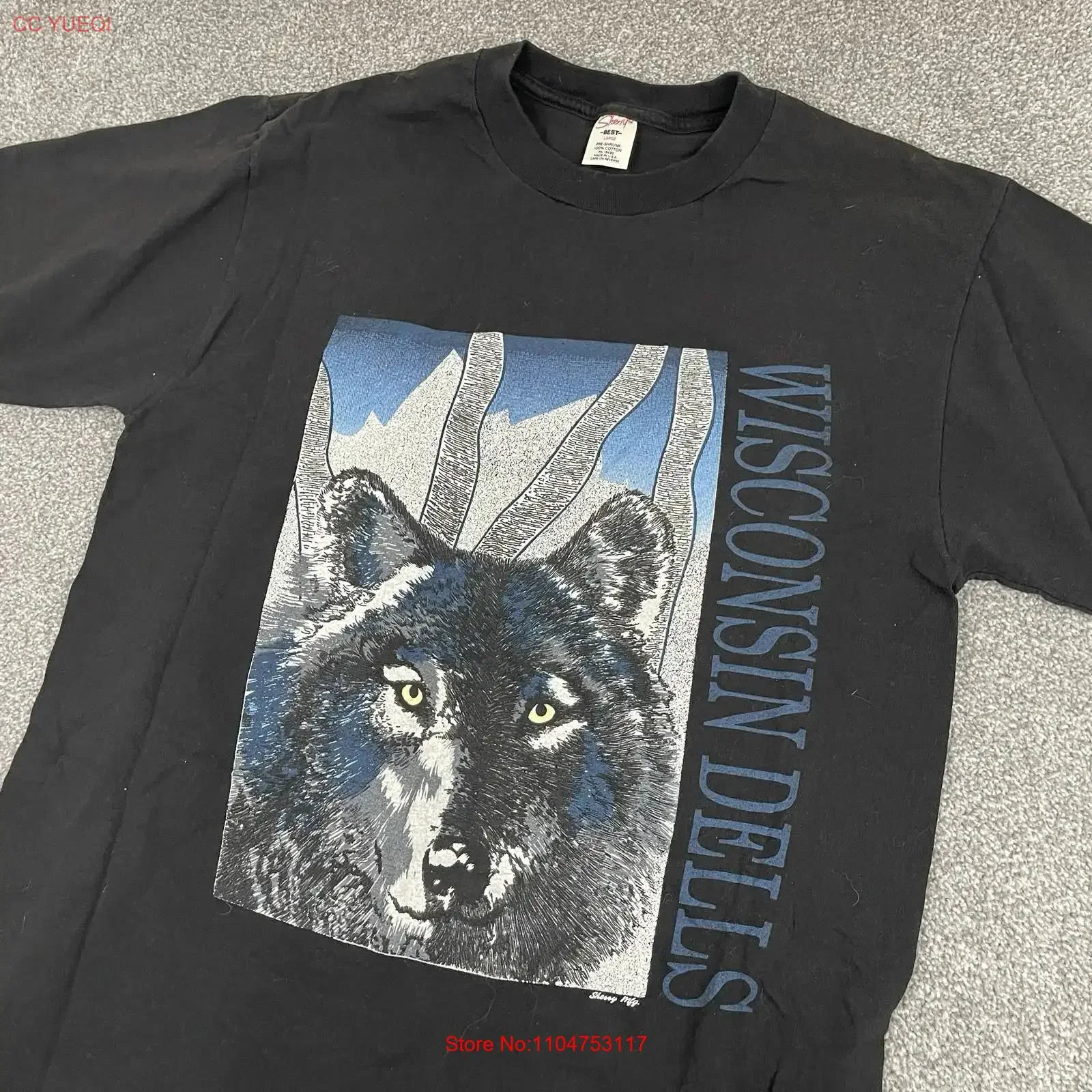 Vintage Wisconsin Dells Black T Shirt Mens L Wolf Trees 90s Y2K VTG USA vintage Washed fashion streetwear Stretched Stylish
