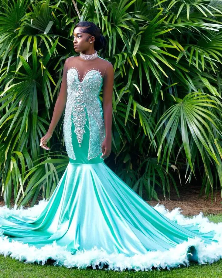 Mint Green African Long Evening Dresses for Women Luxury Crystal Diamond Feather Prom Birthday Gown vestido feminino