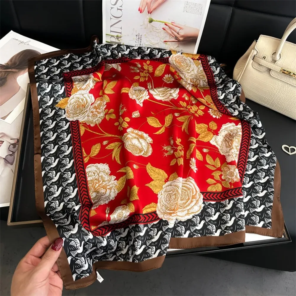 

High Quality Floral Print Square Silk Scarf Women Hijab Fashion Hair Bands Neckerchief Female Ornament Shawl Bandana Bag Scarves