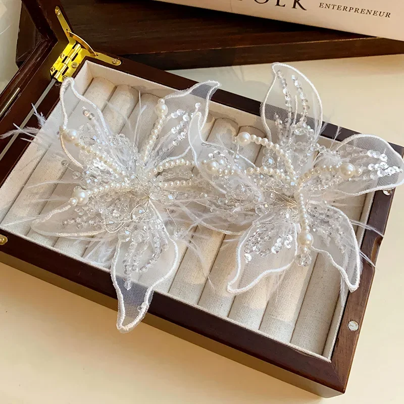 Super Fairy ดอกไม้ Feather เลียนแบบไข่มุก Duckbill คลิปผมสําหรับผู้หญิงอารมณ์หวานหรูหรา Fairycore เครื่องประดับผม