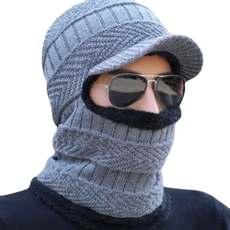 Gorro de invierno con visera de punto para hombre y mujer, gorros gruesos y cálidos con orejeras, bufanda de lana, pasamontañas para ciclismo