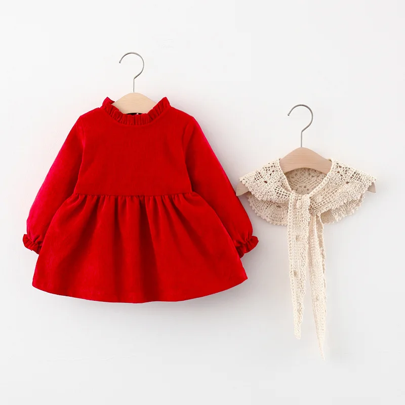 Girl Girl Dress Spring/Autumn Girl Solid Color Long Sleeve Princess Dress Cute Girl Lace Shawl One Year Old Dress