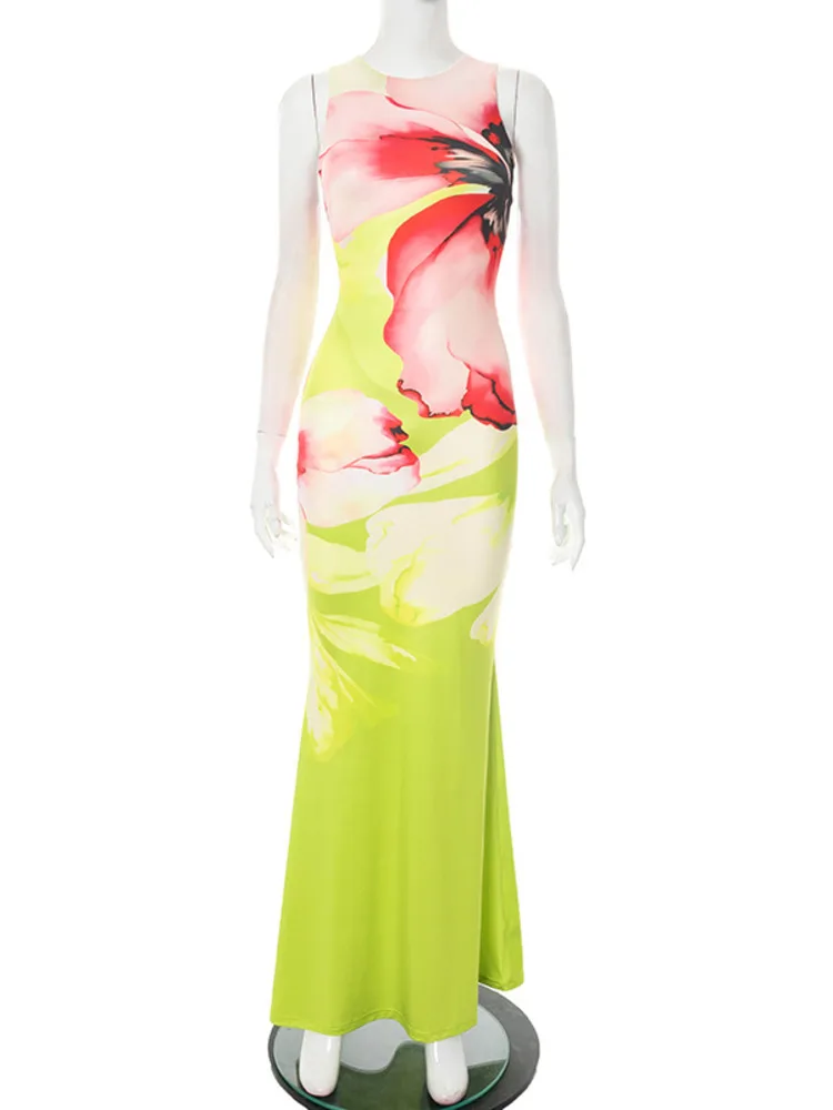 Mozision imprimé sans manches Sexy robe Maxi femmes mode été nouveau imprimé fleuri col rond moulante Club fête longue débardeur robes