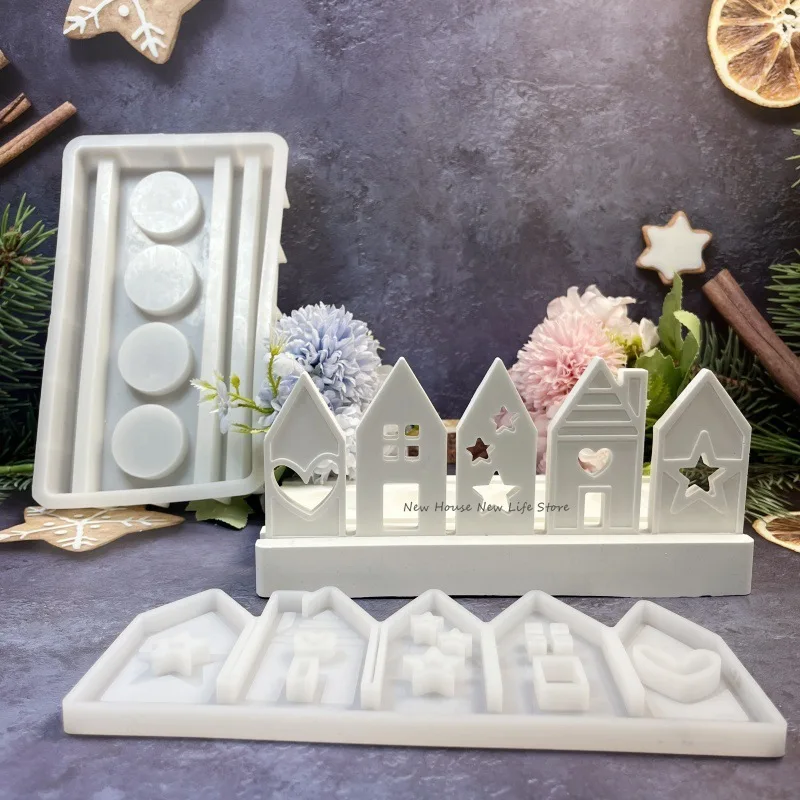 Five Houses Candle Holder Silicone Mold Plug-in House Gypsum Mold DIY Cement Silicone Mould Clay Epoxy Resin Ornaments Molds