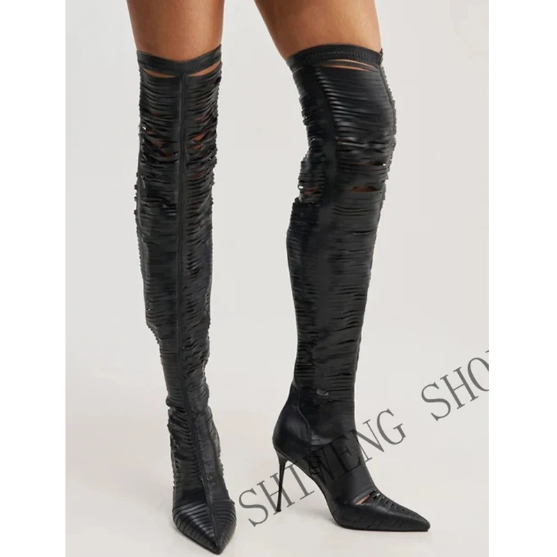 2026 Strappy Thigh High Boots Over The Knee Pointed Toe Stiletto Heels Sexy Women Boots Multiple Buckles Fashion Elegant Heels