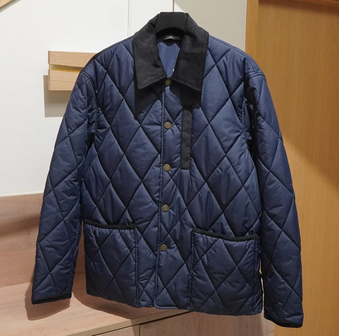 

European and American Fashion Men's Clothing with Contrasting Collar, Diamond Pattern, Loose-Fitting Cotton Jacket, Cotton Coat