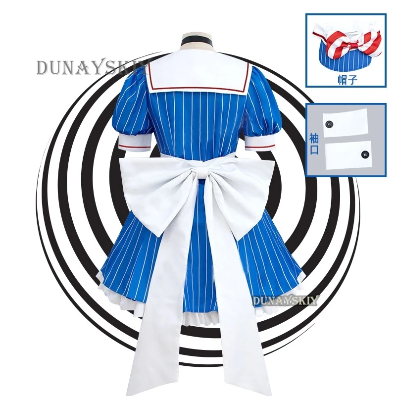 Cosplay Costume Wig Mikuuuu Hypnotist Cosplay Blue Striped Lolita Maid Dress Halloween Party Virtual Uniform Suit