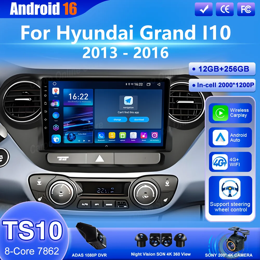 Android 16 для Hyundai Grand I10 2013 2014-2016, автомультимедийный видеоплеер, автомобильный DVD-навигатор, GPS-навигатор, головное устройство Carplay WIFI 4G
