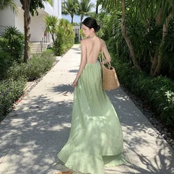 2024 New Summer Fairy Halter Prom Dress Women's Maxi Ruffles Green Party Dresses Backless Tender Lolita Vacation Long Dress