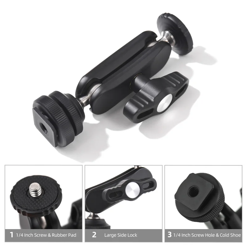 Mini Cool Ballhead Multi-Function Double Ball Dead Adapter w/ Cold Shoe Mount & 1/4 Inch Screw for DSLR Camera Camcorder Monitor