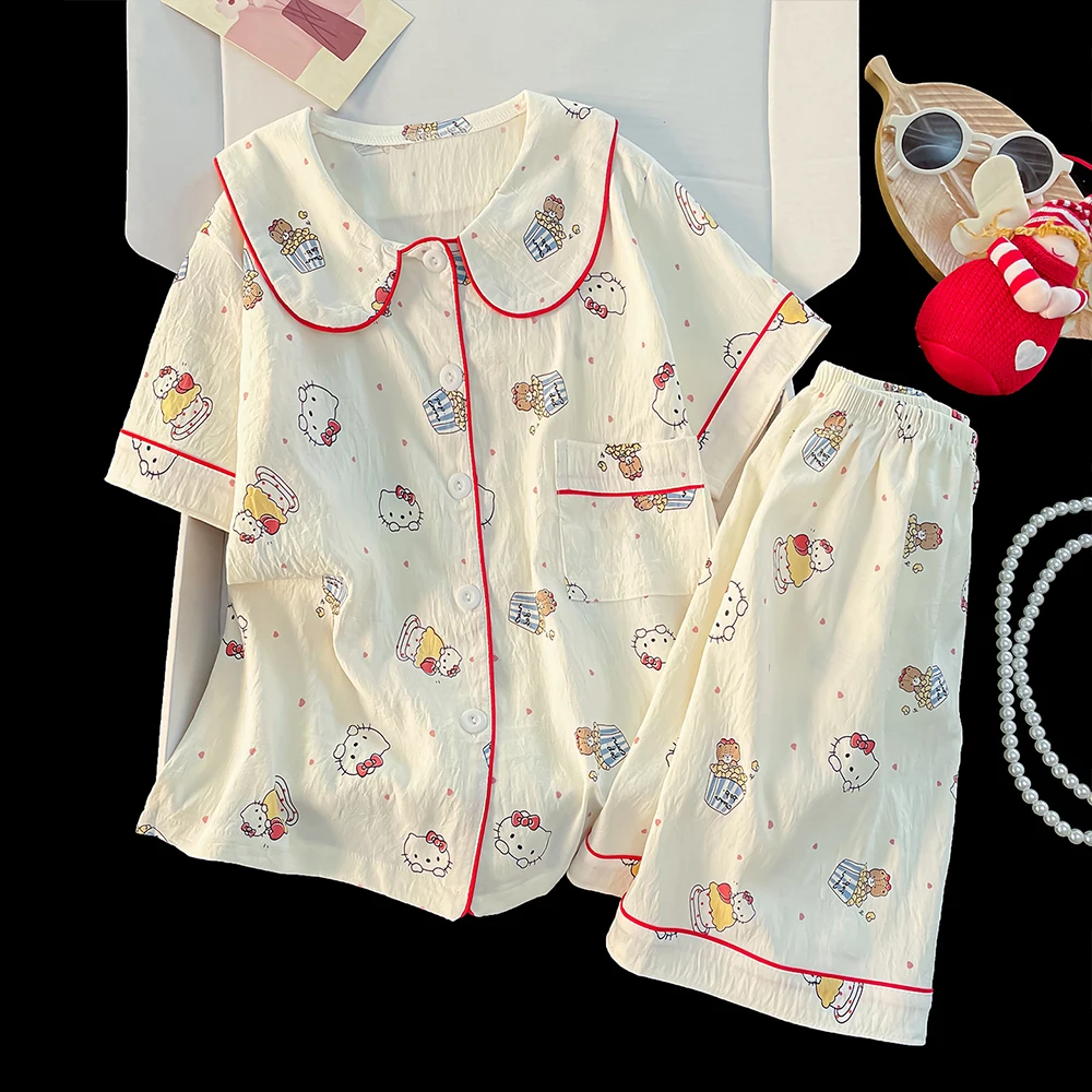 

Sanrio Hello Kitty Anime Woman's Pajamas Set Girls Peter Pan Collar Short Sleeve Sleepwear Cute Student Casual Fashion Homewear