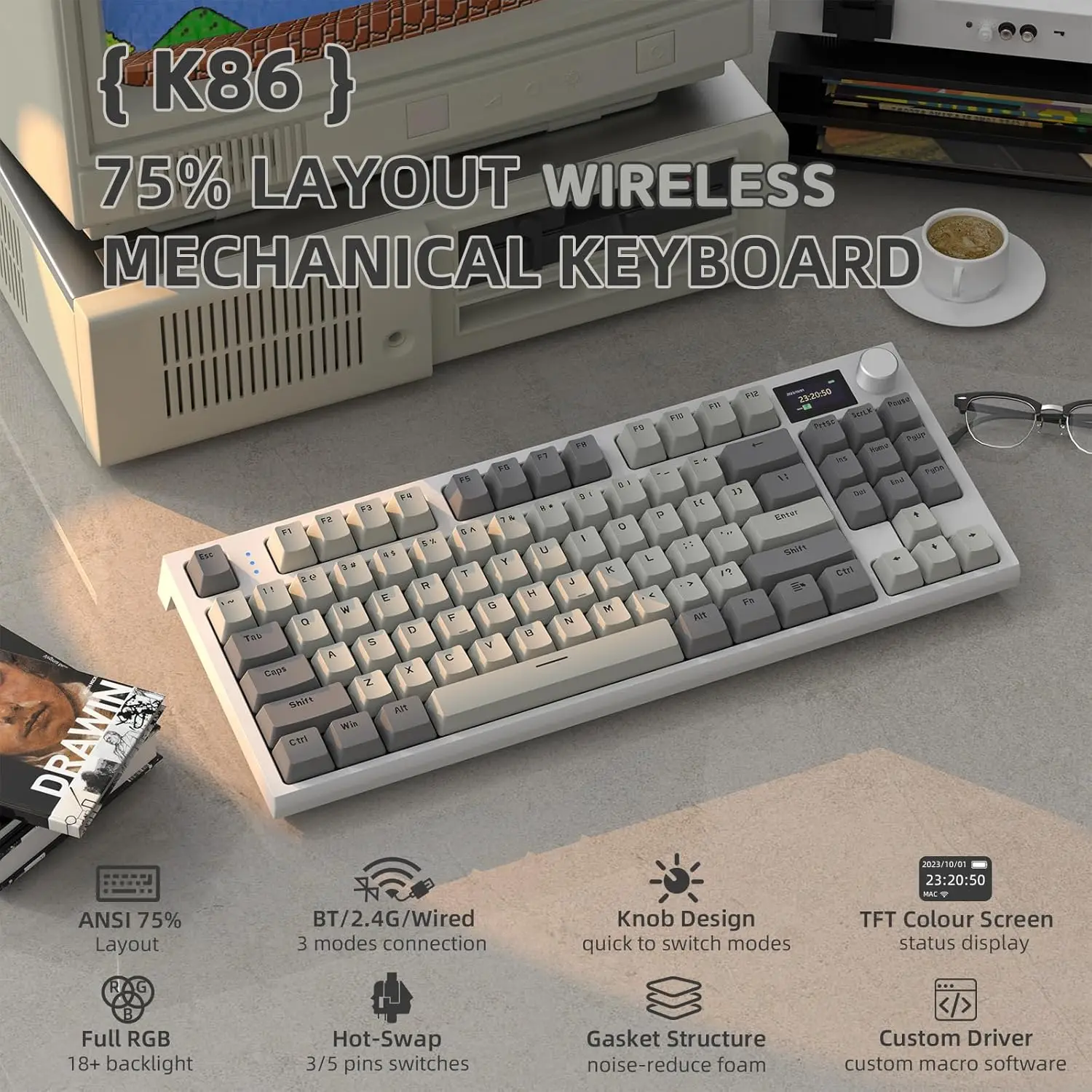 

ATTACK SHARK K86 Wireless Mechanical Keyboard with 1.2" TFT Color Display & CNC Knob,Hot Swappable RGB Backlit,2.4GHz/BT