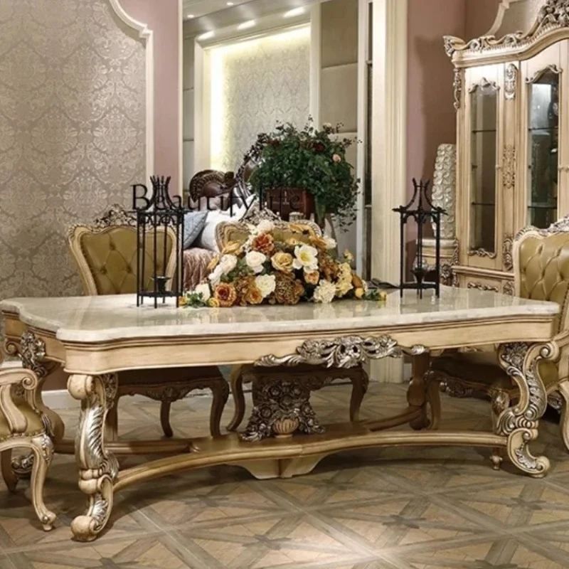 

LJYAmerican antique white old all solid wood dining table and chair combination European style silver tracing old