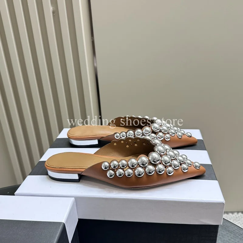 Beaded Flat Shoes Half Head Female Slippers Catwalk Show Outdoor Wedding Banquet Genuine Leather Summer Women Pointed Toe Shoes