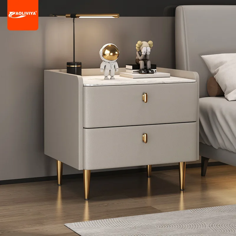 

Aoliviya New Light Luxury Bedside Table Simple Modern Bedroom Solid Wood Stone Plate Leather Ultra Narrow Mini Bedside