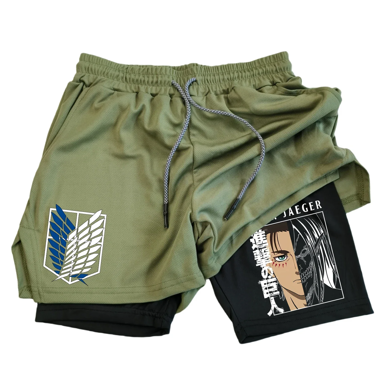 Anime Attack on Titan Men\'s Shorts 2 in 1 Sports Shorts Quick drying Breathable Sports Fitness Shorts Outdoor Running