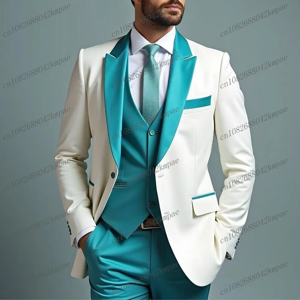 

New White And Blue Men Suit Formal Occasion Groom Groomsman Wedding Party Prom Male Tuxedos 3 Piece Set Blazer Vest Pants