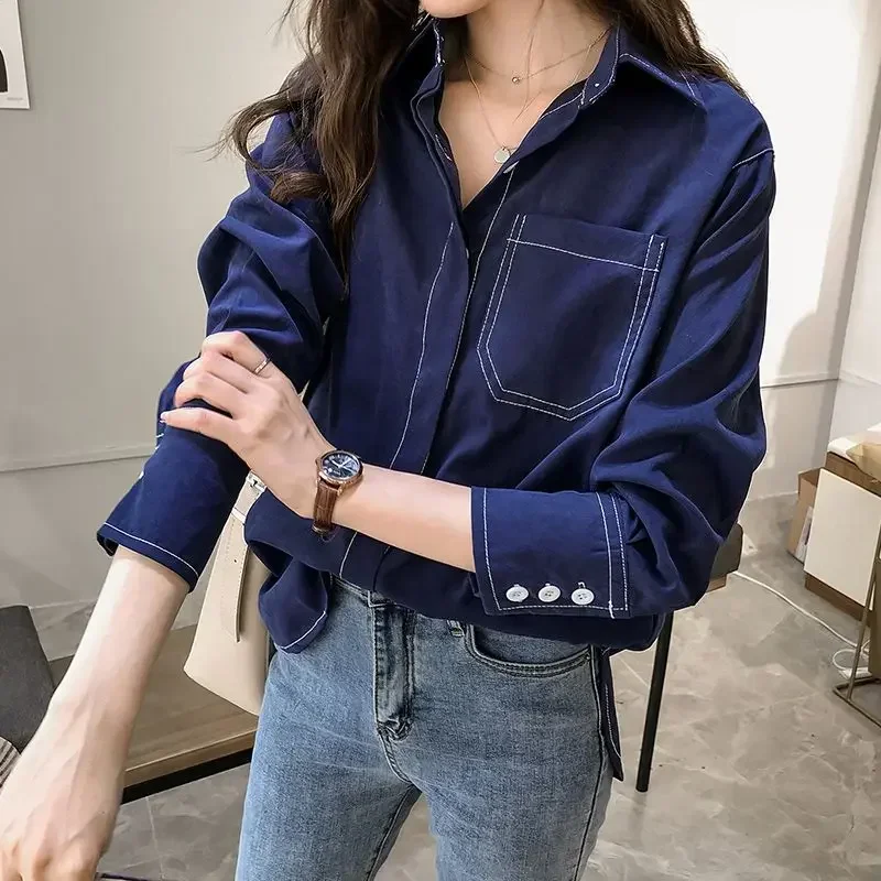 New Street Casual Fashion Solid Patchwork Blouses Women Clothing Spring Summer Thin Office Lady Turn-down Collar Pockets Button