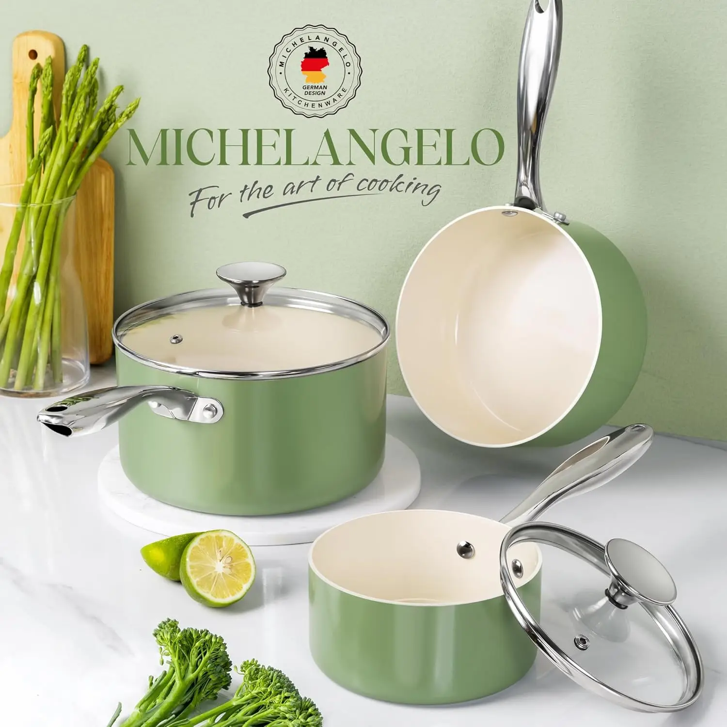 

MICHELANGELO 1/2/3QT Ceramic Nonstick Saucepan with Lid Sets Aluminum Home Milk Pot with Stainless Steel Handle Cooking Soup Pot
