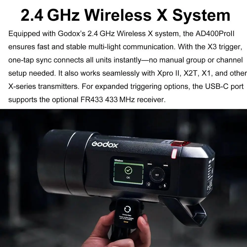 Godox AD400 Pro II AD400Pro II Estroboscópico portátil de flash externo de 400 W, monolight 2.4G TTL 1/8000 HSS, alimentado por bateria de íon-lítio de 2600 mAh