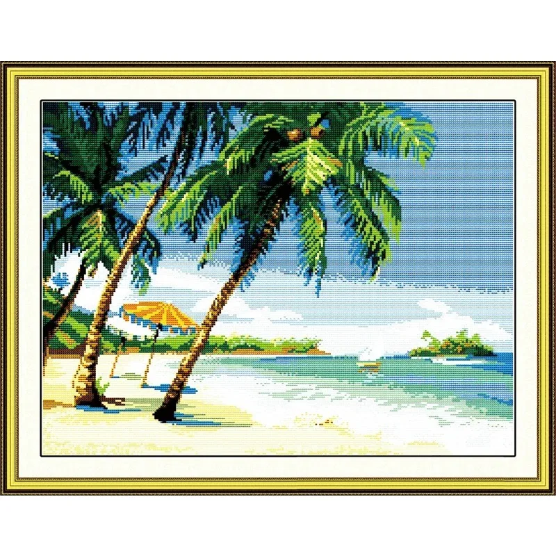 

Joy Sunday New Printed Cross Stitch Kit Easy Pattern Aida Stamped Fabric Embroidery Set DIY Needleworks-Seaside Scenery