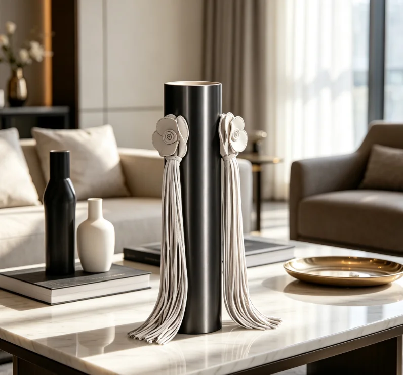 Modern Light Luxury Leather Fringed Floral Ornaments High-End Desktop Art Soft Decor For Living Room Show House Sales Office