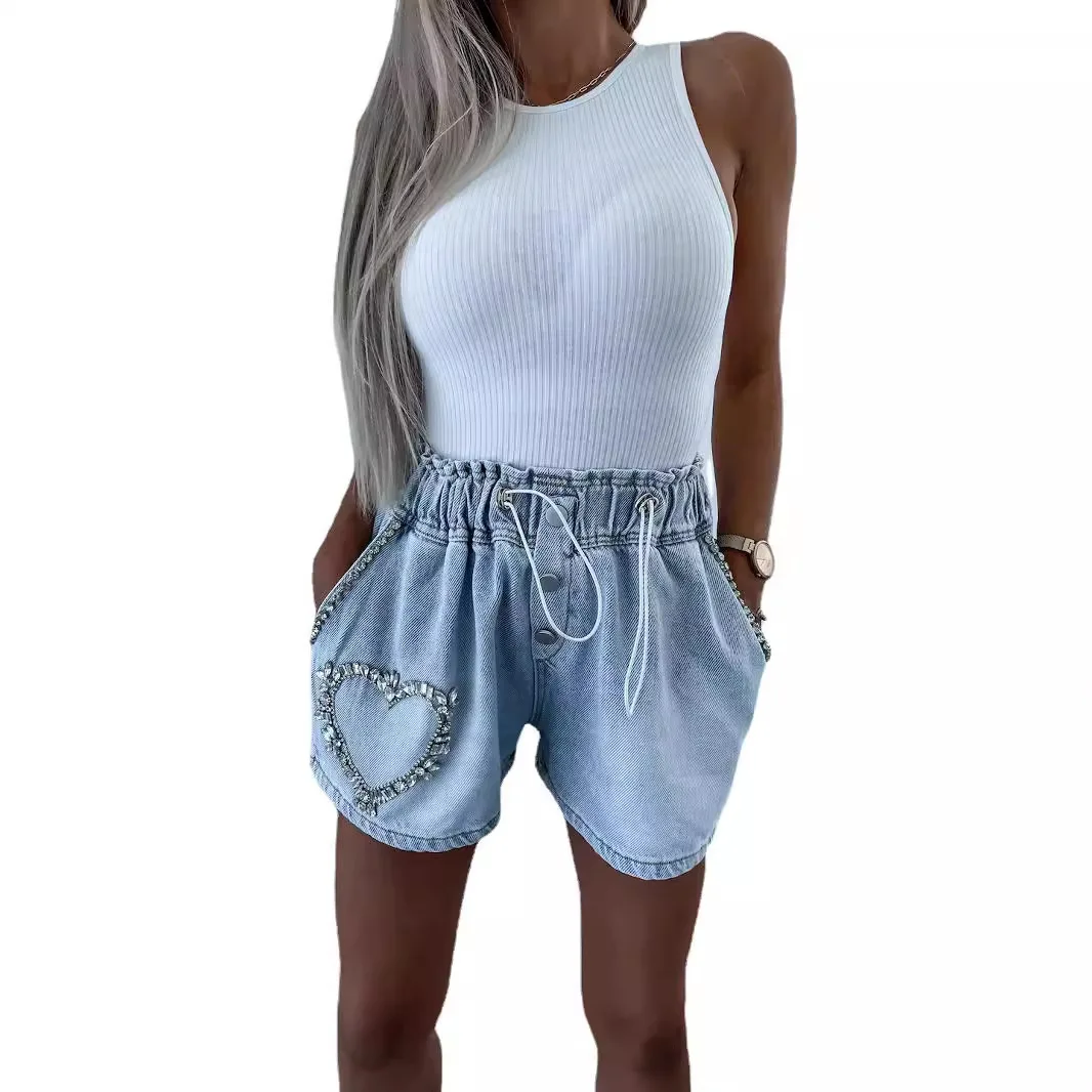 Y2K 2023 Sommer Neue Casual Fashion Cargo-Shorts Temperament Pendeln Strass Herz Muster Kordelzug Trend Denim Shorts