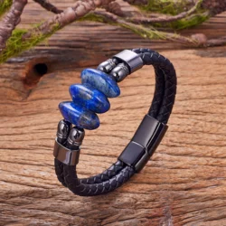 Hyperbole Style Natural Lapis Lazuli Stone Bracelet Men's Stainless Steel Jewelry Classic Double-deck Woven Leather Bangles Gift