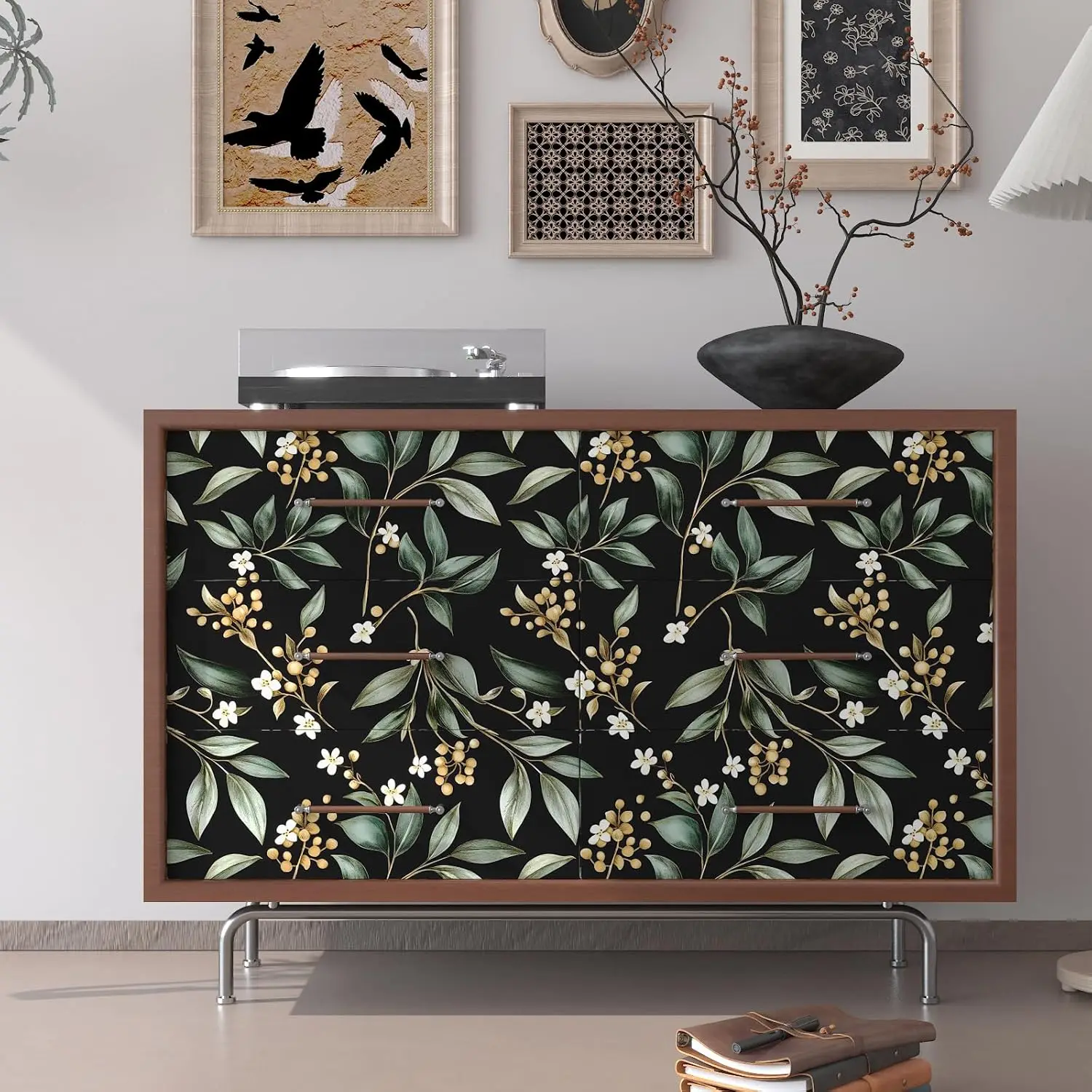 Dark Green Leaf Peel and Stick Wallpaper 17.5"x118" Self-Adhesive Vinyl for Bathroom Bedroom Kitchen Cabinet Retro Floral Decor view 2